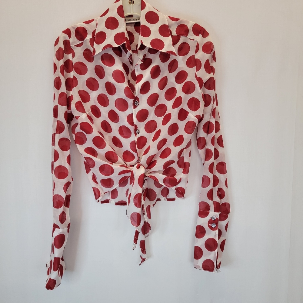 **Farinaz Taghavi White,Red Polka Dot Tie Front Top sz. 6